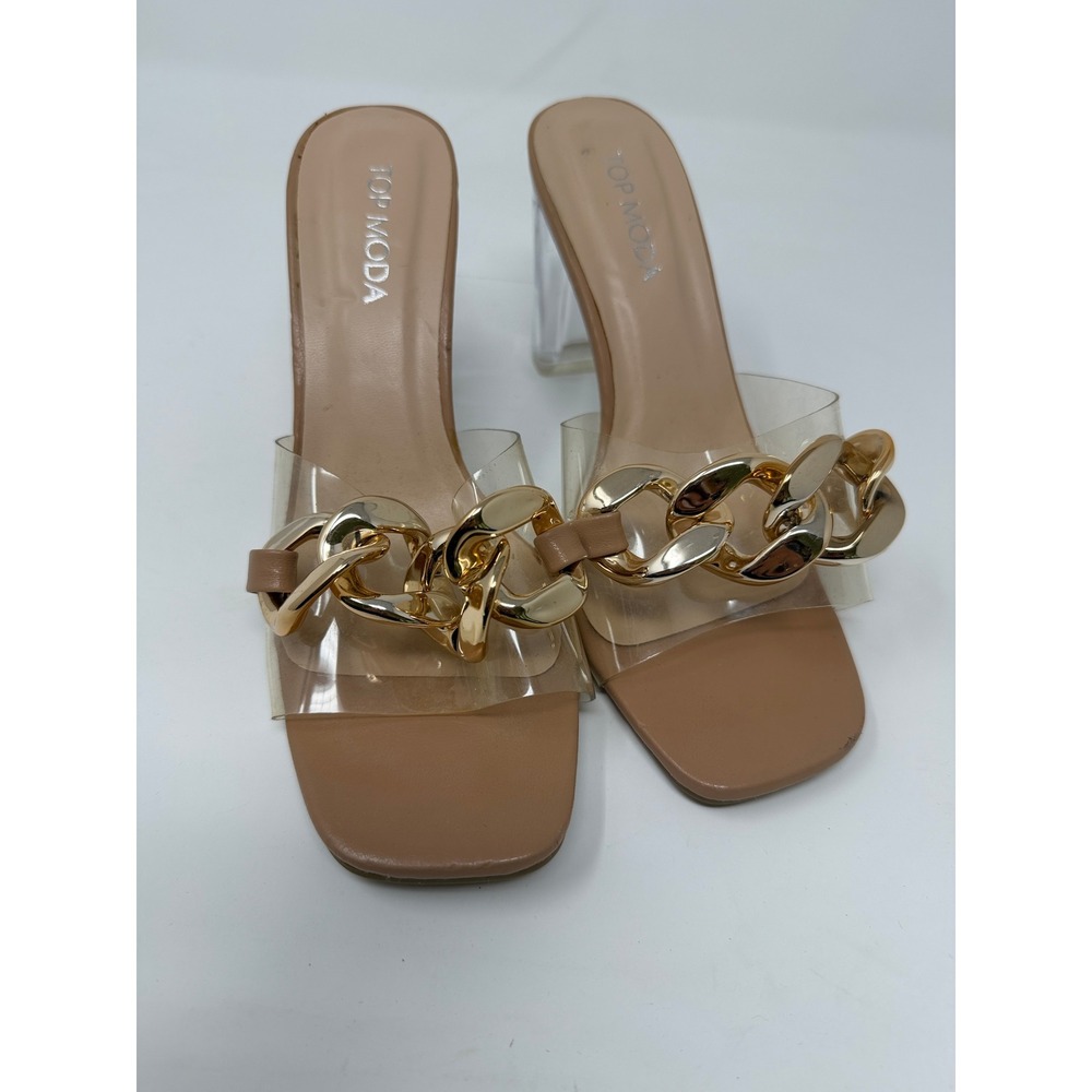 Top Moda Slide Sandals Womens 6 Tan Good Clear Block Heel Gold Chunky Chain